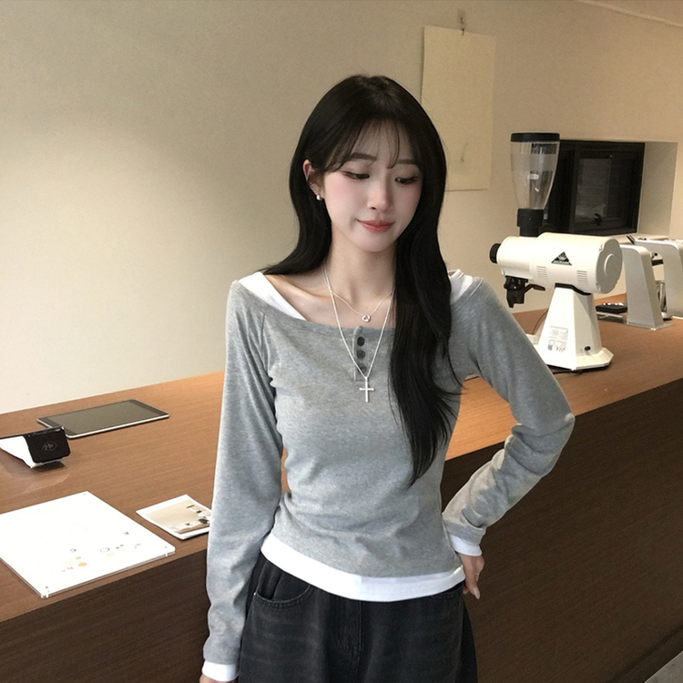 쫀득 데일리 버튼 일체형 레이어드 배색 긴팔 티셔츠 봄 상의 슬림핏 단추 긴팔티 3color 그레이