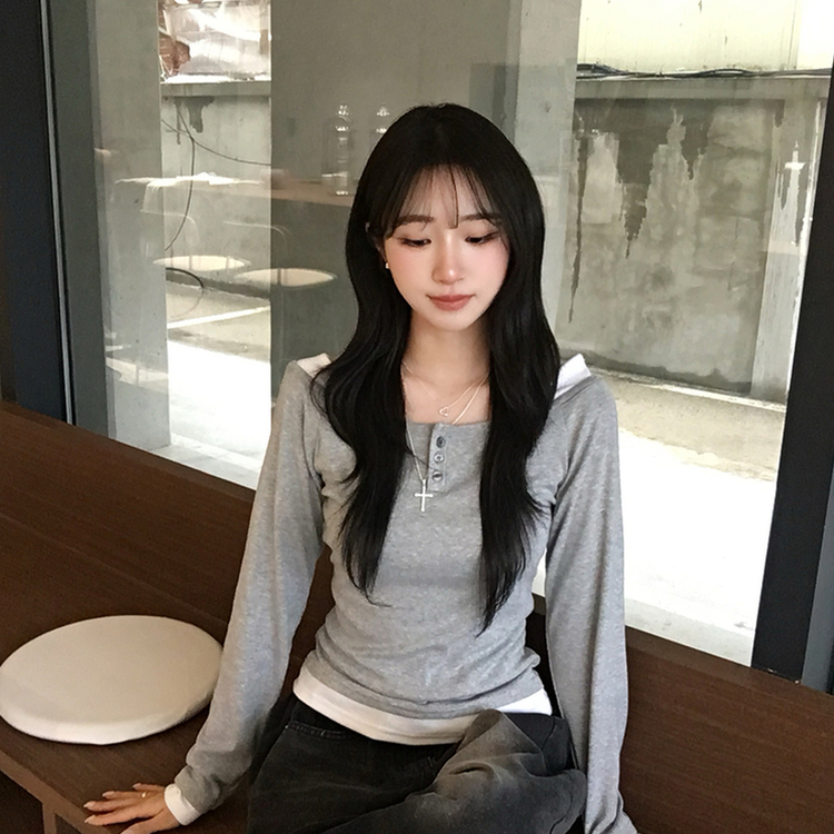 쫀득 데일리 버튼 일체형 레이어드 배색 긴팔 티셔츠 봄 상의 슬림핏 단추 긴팔티 3color 그레이