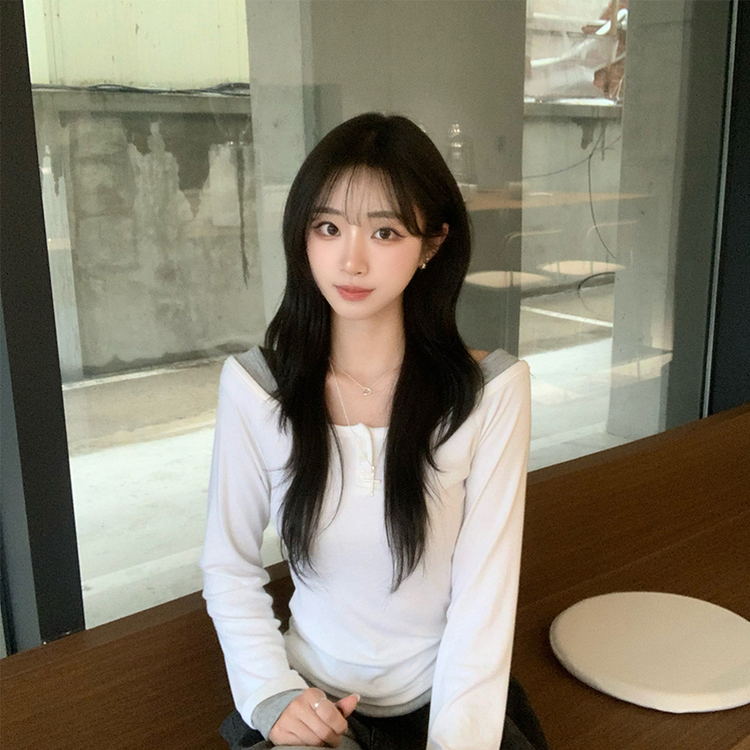 쫀득 데일리 버튼 일체형 레이어드 배색 긴팔 티셔츠 봄 상의 슬림핏 단추 긴팔티 3color 화이트