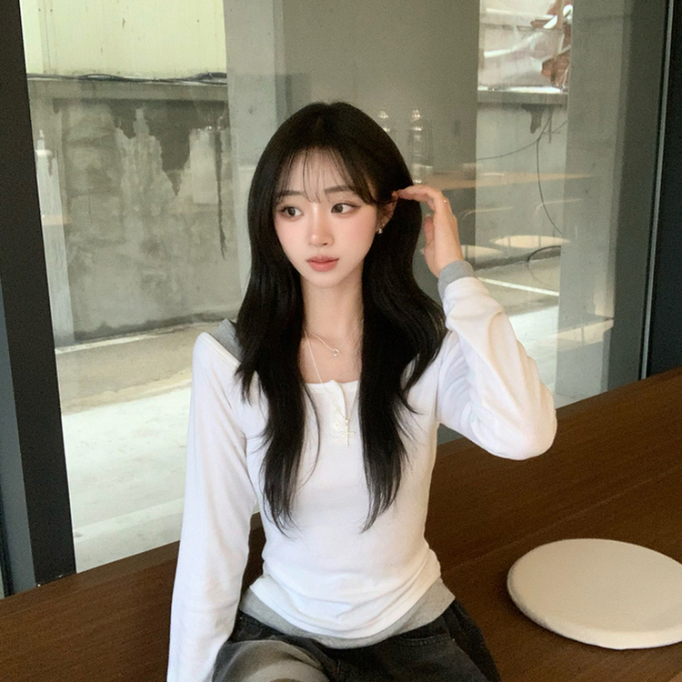 쫀득 데일리 버튼 일체형 레이어드 배색 긴팔 티셔츠 봄 상의 슬림핏 단추 긴팔티 3color 화이트