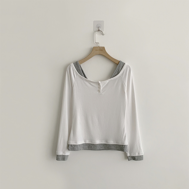 쫀득 데일리 버튼 일체형 레이어드 배색 긴팔 티셔츠 봄 상의 슬림핏 단추 긴팔티 3color