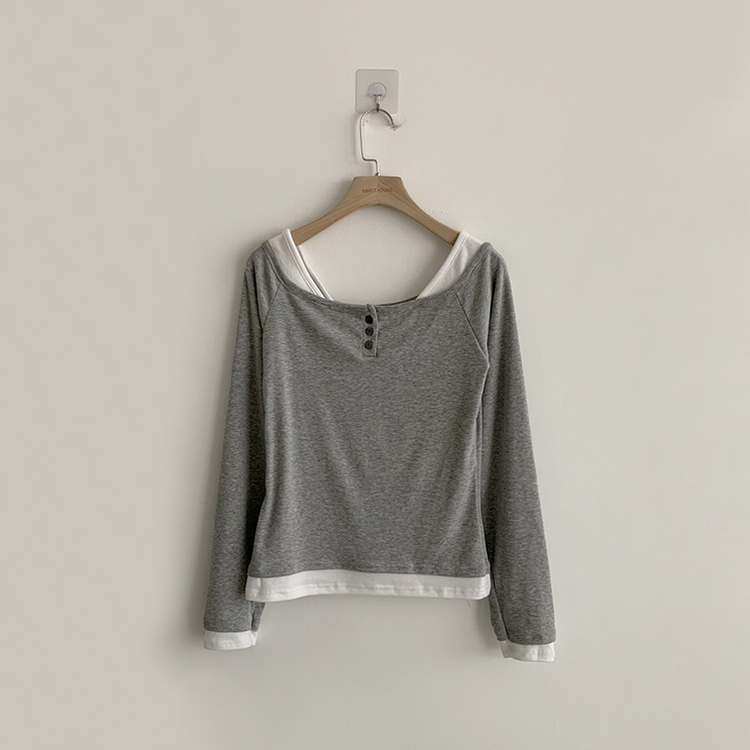 쫀득 데일리 버튼 일체형 레이어드 배색 긴팔 티셔츠 봄 상의 슬림핏 단추 긴팔티 3color