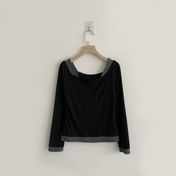 쫀득 데일리 버튼 일체형 레이어드 배색 긴팔 티셔츠 봄 상의 슬림핏 단추 긴팔티 3color