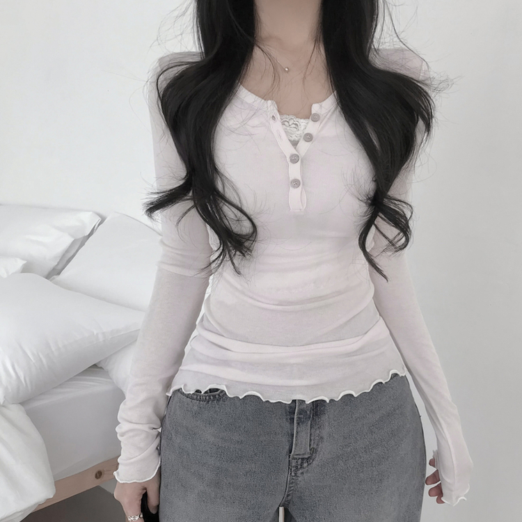 フリルボタンヘンリーネックスリムフィット長袖Tシャツ IVORY