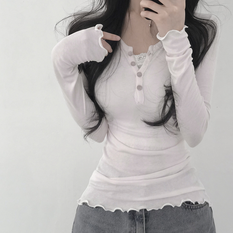 フリルボタンヘンリーネックスリムフィット長袖Tシャツ IVORY