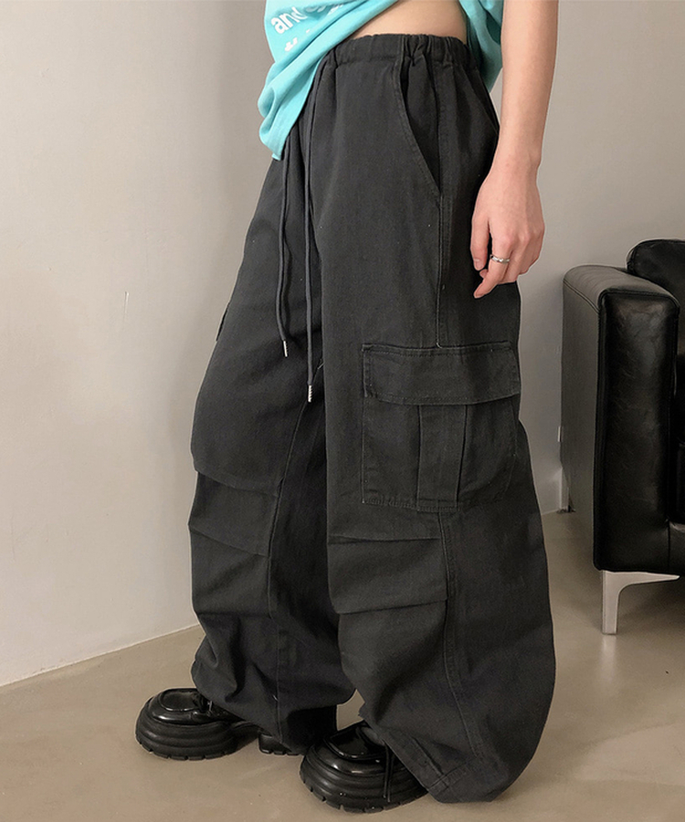 【丈別】バンディングカーゴピンタックワイドパンツ(5color) CHARCOAL
