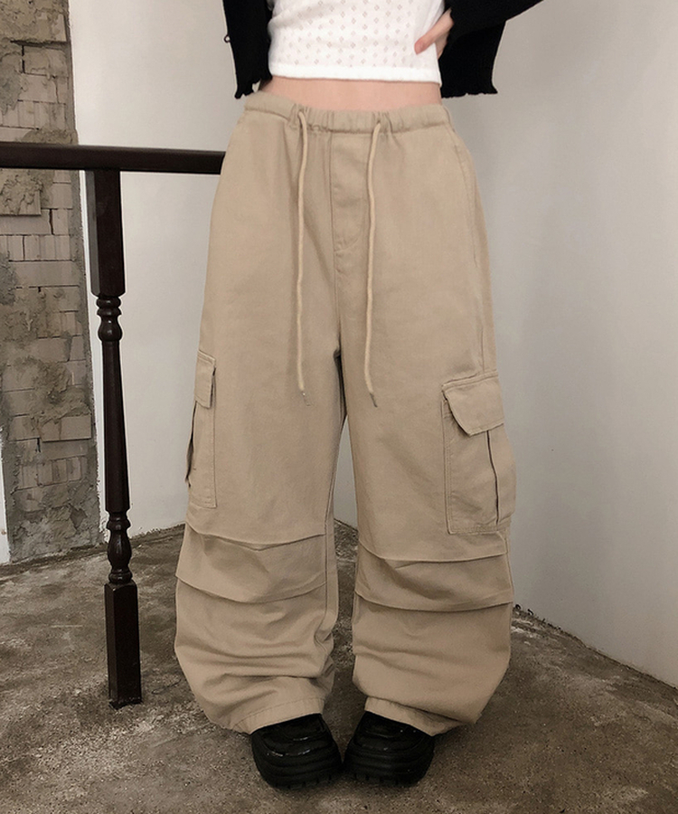 【丈別】バンディングカーゴピンタックワイドパンツ(5color) BEIGE