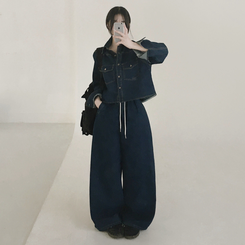 【SET】ルーズフィットデニムシャツ＋ワイドデニムパンツ DEEP DENIM