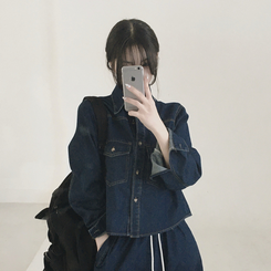 【SET】ルーズフィットデニムシャツ＋ワイドデニムパンツ DEEP DENIM