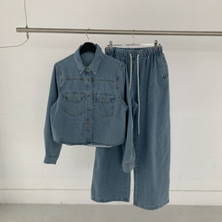 【SET】ルーズフィットデニムシャツ＋ワイドデニムパンツ