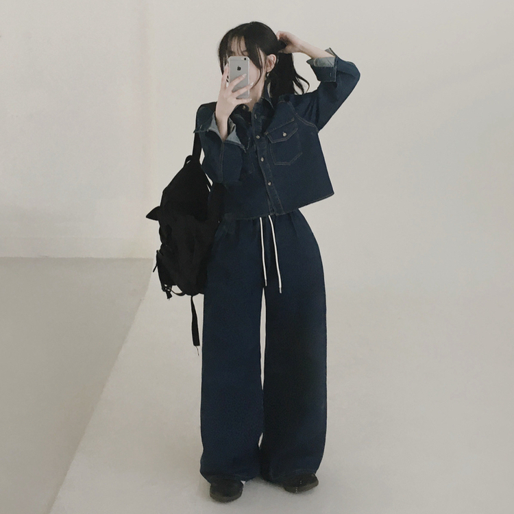 【SET】ルーズフィットデニムシャツ＋ワイドデニムパンツ DEEP DENIM