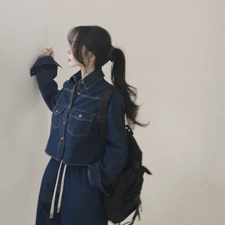 【SET】ルーズフィットデニムシャツ＋ワイドデニムパンツ DEEP DENIM