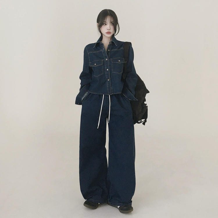【SET】ルーズフィットデニムシャツ＋ワイドデニムパンツ DEEP DENIM