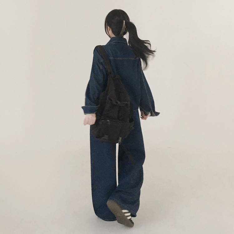 【SET】ルーズフィットデニムシャツ＋ワイドデニムパンツ DEEP DENIM