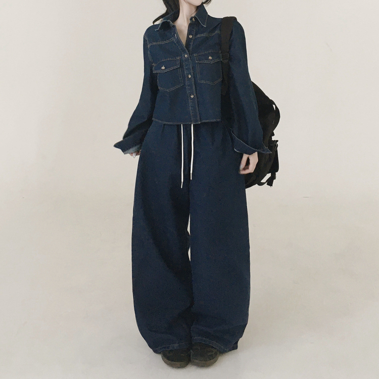 【SET】ルーズフィットデニムシャツ＋ワイドデニムパンツ DEEP DENIM