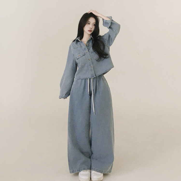 【SET】ルーズフィットデニムシャツ＋ワイドデニムパンツ LIGHT DENIM