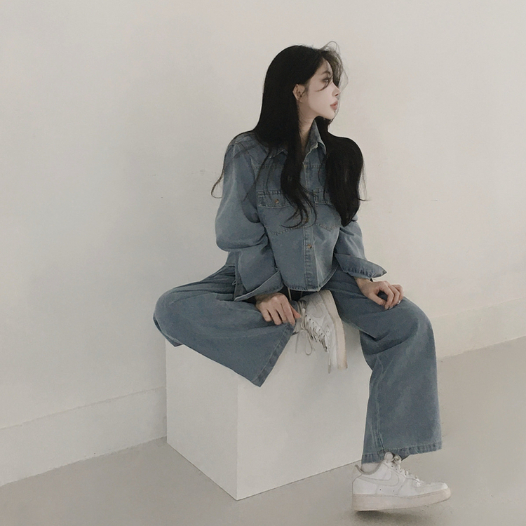 【SET】ルーズフィットデニムシャツ＋ワイドデニムパンツ LIGHT DENIM