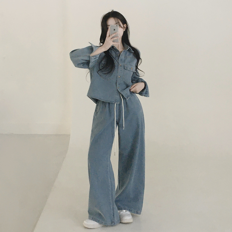 【SET】ルーズフィットデニムシャツ＋ワイドデニムパンツ LIGHT DENIM