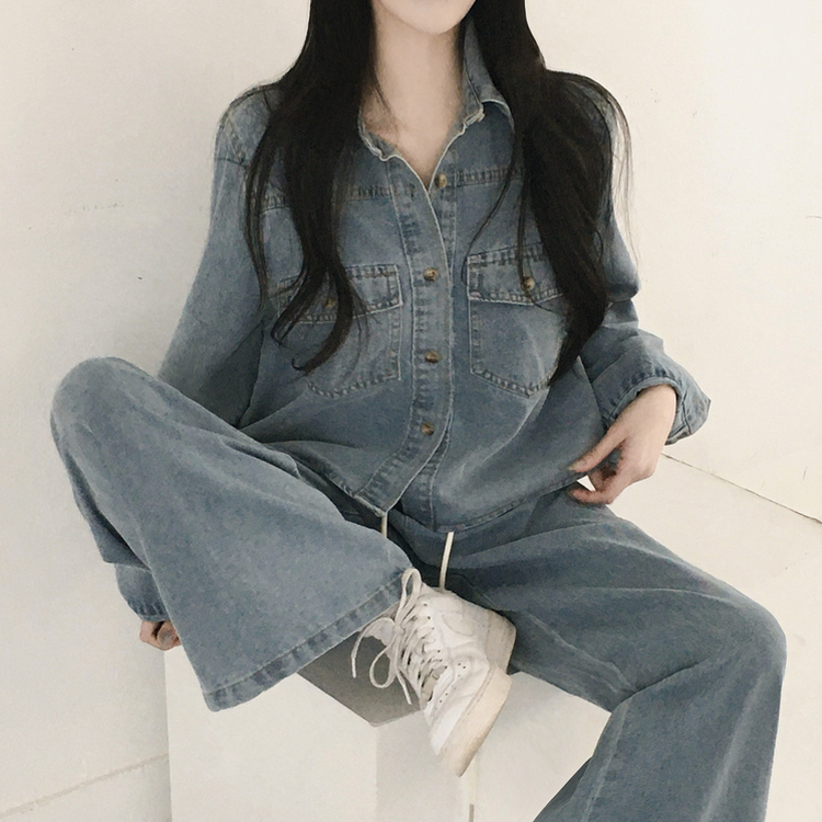 【SET】ルーズフィットデニムシャツ＋ワイドデニムパンツ LIGHT DENIM
