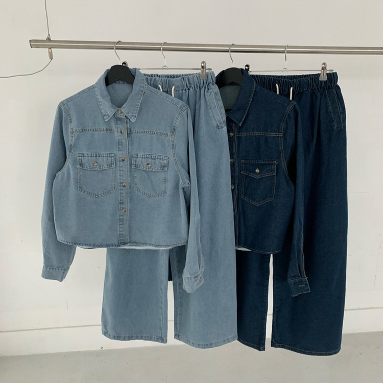 【SET】ルーズフィットデニムシャツ＋ワイドデニムパンツ