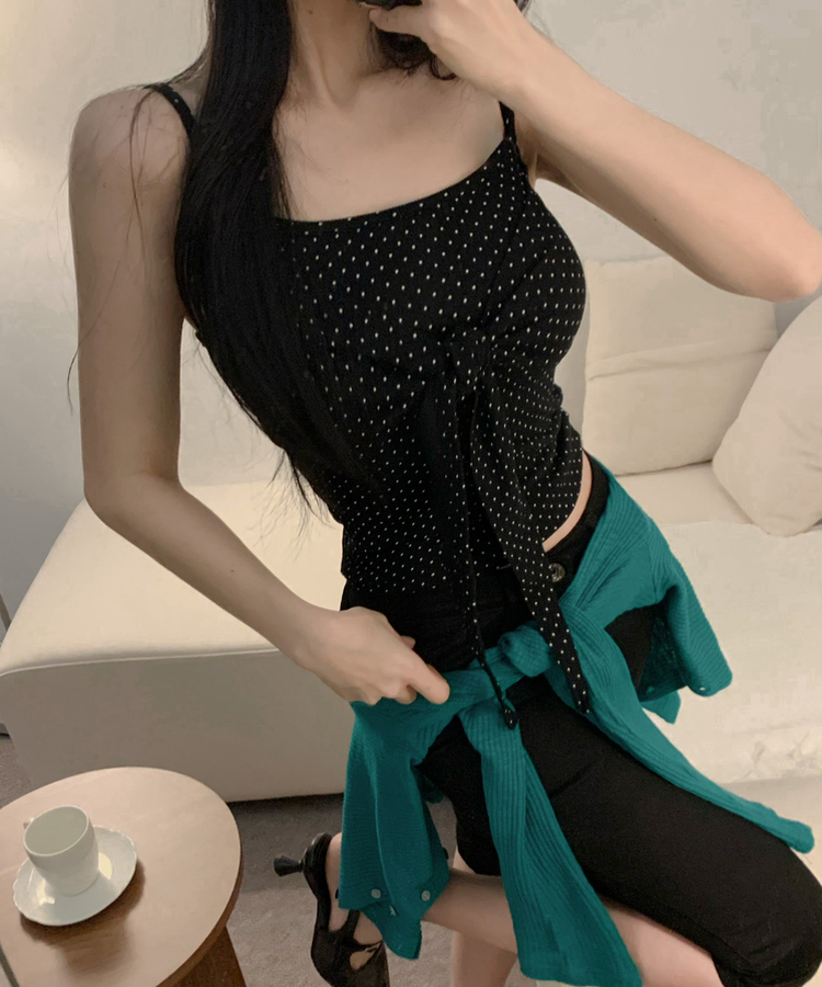 마리 도트 땡땡이 리본 꼬임 매듭 잔골지 끈나시 4colors 블랙