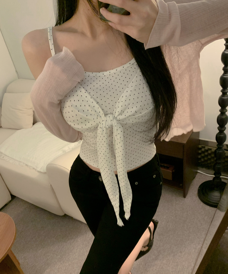 마리 도트 땡땡이 리본 꼬임 매듭 잔골지 끈나시 4colors 화이트