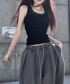 スタッズラウンドスリムキャミソール(7color) BLACK