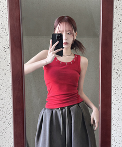 スタッズラウンドスリムキャミソール(7color) RED