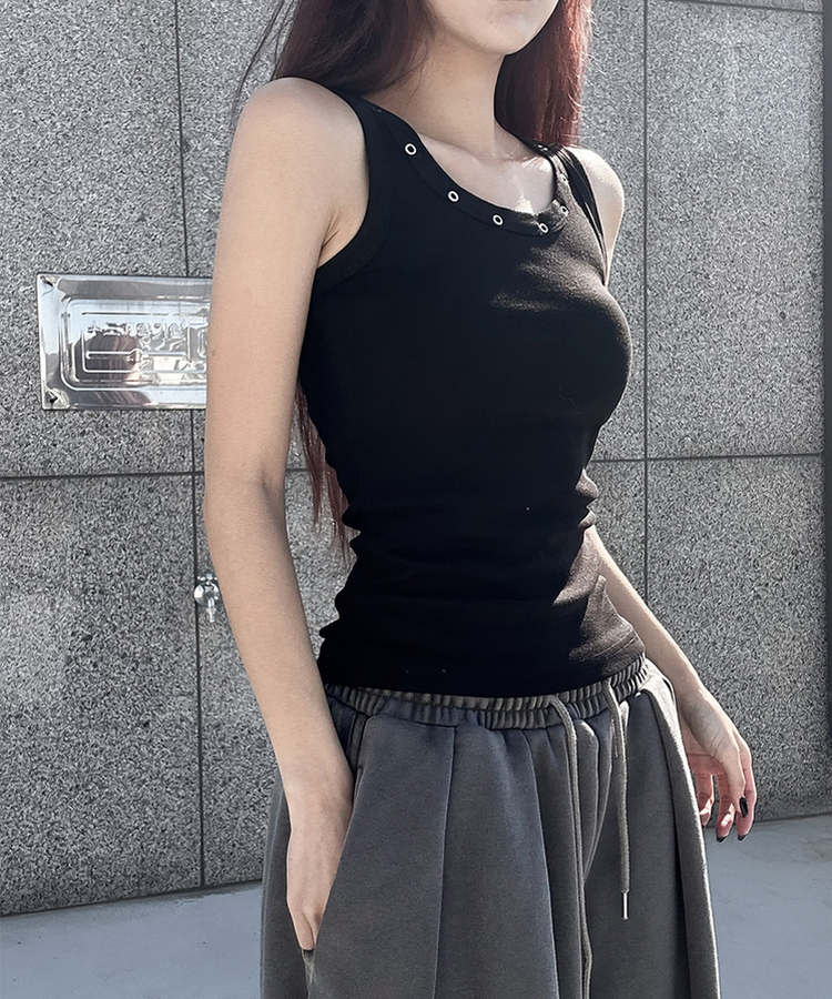 スタッズラウンドスリムキャミソール(7color) BLACK