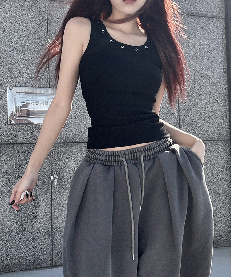 スタッズラウンドスリムキャミソール(7color) BLACK