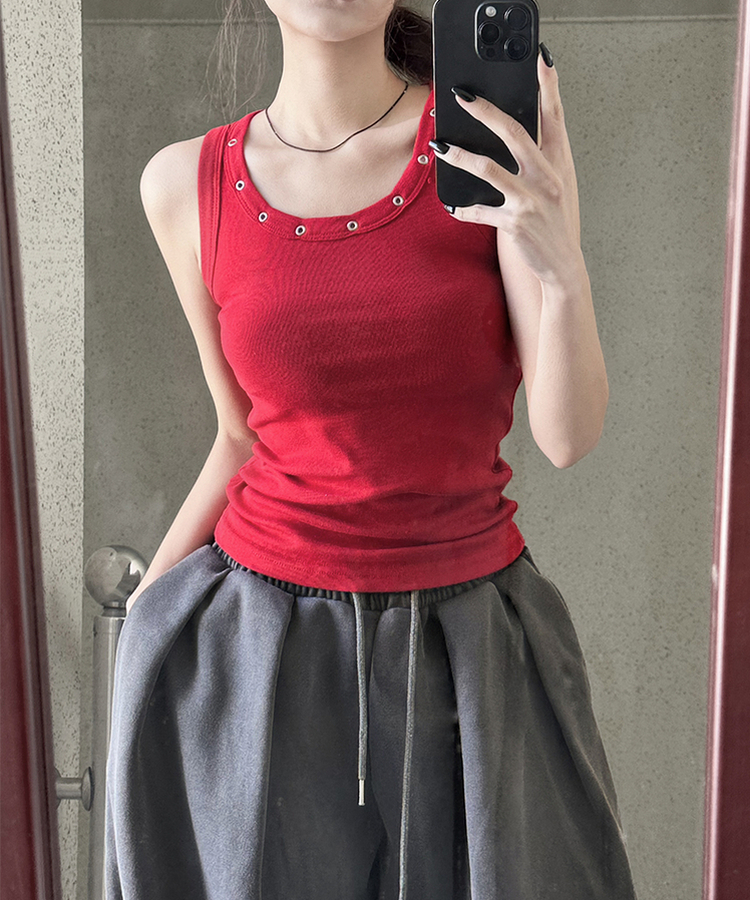 スタッズラウンドスリムキャミソール(7color) RED