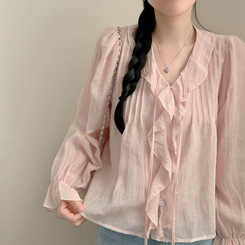 릴리 프릴 러플 긴팔 블라우스 상의 봄옷 벚꽃 긴소매 수학여행 하객룩 청순 여리 핑크