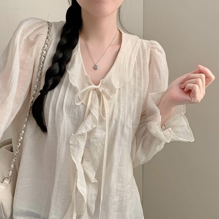 릴리 프릴 러플 긴팔 블라우스 상의 봄옷 벚꽃 긴소매 수학여행 하객룩 청순 여리 베이지