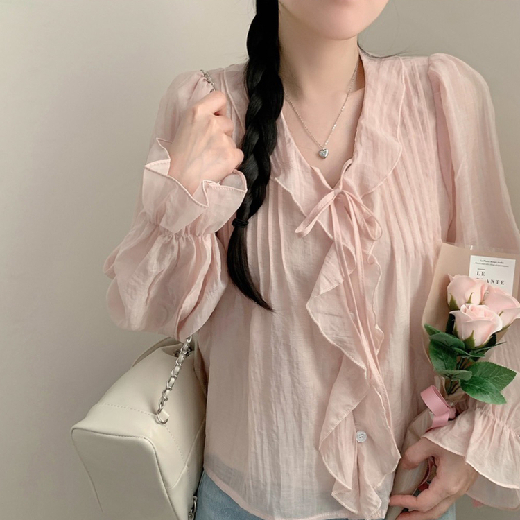릴리 프릴 러플 긴팔 블라우스 상의 봄옷 벚꽃 긴소매 수학여행 하객룩 청순 여리 핑크