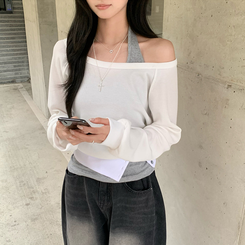 レイヤード長袖ボタントップス WHITE