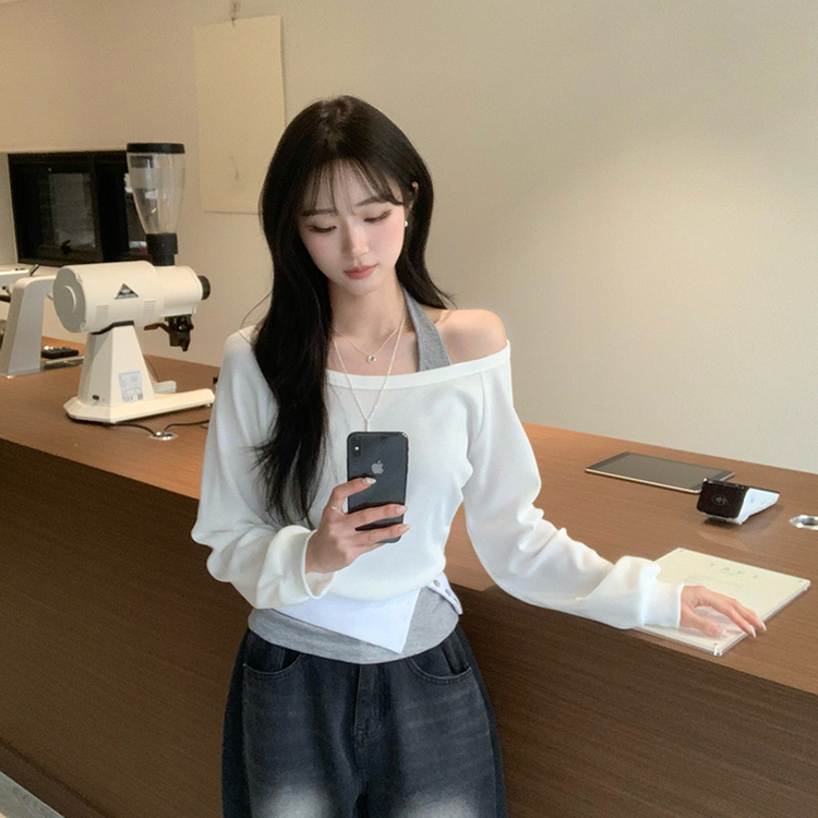 레이어드한듯 레이 봄 긴팔 와플 사선 밑단 언발 버튼 홀터넥 나시 맨투맨 레이어드 세트 오버핏 세미 크롭 긴팔 티셔츠 단추 긴팔티 3color 화이트