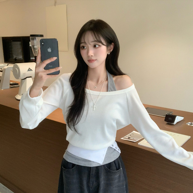 레이어드한듯 레이 봄 긴팔 와플 사선 밑단 언발 버튼 홀터넥 나시 맨투맨 레이어드 세트 오버핏 세미 크롭 긴팔 티셔츠 단추 긴팔티 3color 화이트