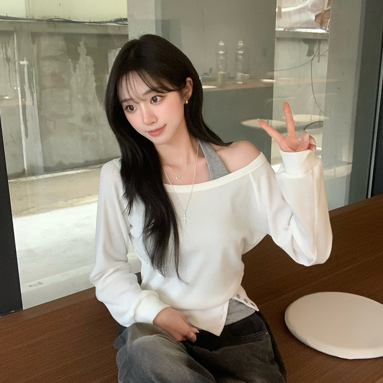 레이어드한듯 레이 봄 긴팔 와플 사선 밑단 언발 버튼 홀터넥 나시 맨투맨 레이어드 세트 오버핏 세미 크롭 긴팔 티셔츠 단추 긴팔티 3color 화이트