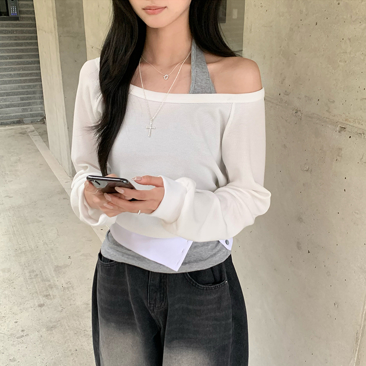 레이어드한듯 레이 봄 긴팔 와플 사선 밑단 언발 버튼 홀터넥 나시 맨투맨 레이어드 세트 오버핏 세미 크롭 긴팔 티셔츠 단추 긴팔티 3color 화이트