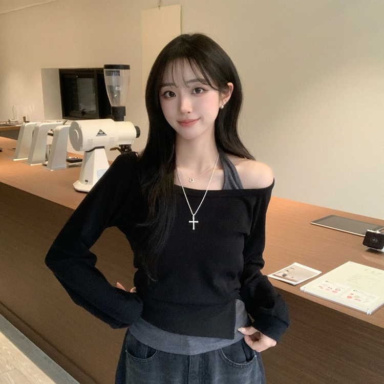 레이어드한듯 레이 봄 긴팔 와플 사선 밑단 언발 버튼 홀터넥 나시 맨투맨 레이어드 세트 오버핏 세미 크롭 긴팔 티셔츠 단추 긴팔티 3color 블랙