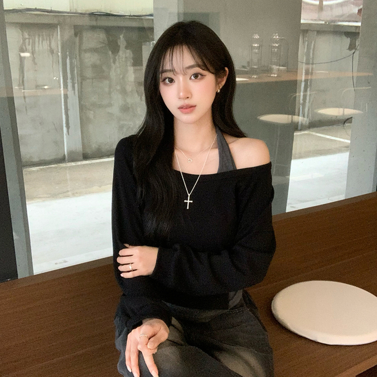 레이어드한듯 레이 봄 긴팔 와플 사선 밑단 언발 버튼 홀터넥 나시 맨투맨 레이어드 세트 오버핏 세미 크롭 긴팔 티셔츠 단추 긴팔티 3color 블랙