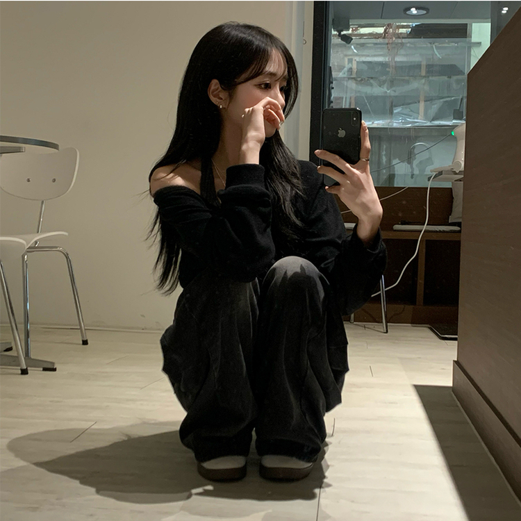 레이어드한듯 레이 봄 긴팔 와플 사선 밑단 언발 버튼 홀터넥 나시 맨투맨 레이어드 세트 오버핏 세미 크롭 긴팔 티셔츠 단추 긴팔티 3color 블랙