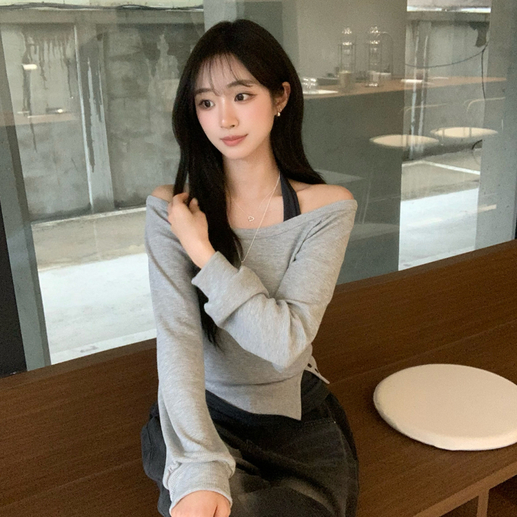 레이어드한듯 레이 봄 긴팔 와플 사선 밑단 언발 버튼 홀터넥 나시 맨투맨 레이어드 세트 오버핏 세미 크롭 긴팔 티셔츠 단추 긴팔티 3color 그레이