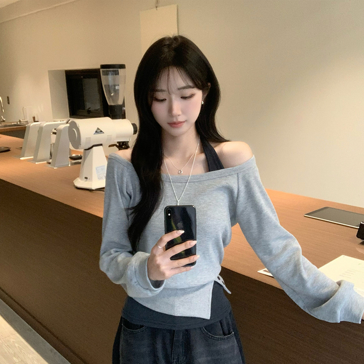 레이어드한듯 레이 봄 긴팔 와플 사선 밑단 언발 버튼 홀터넥 나시 맨투맨 레이어드 세트 오버핏 세미 크롭 긴팔 티셔츠 단추 긴팔티 3color 그레이