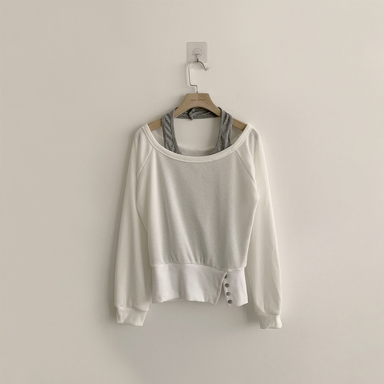 레이어드한듯 레이 봄 긴팔 와플 사선 밑단 언발 버튼 홀터넥 나시 맨투맨 레이어드 세트 오버핏 세미 크롭 긴팔 티셔츠 단추 긴팔티 3color