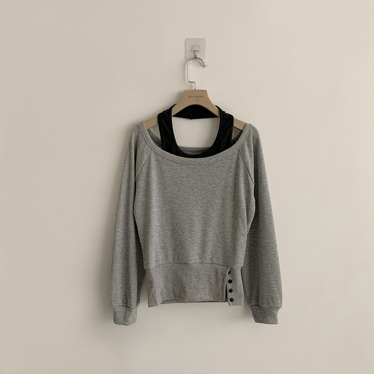 레이어드한듯 레이 봄 긴팔 와플 사선 밑단 언발 버튼 홀터넥 나시 맨투맨 레이어드 세트 오버핏 세미 크롭 긴팔 티셔츠 단추 긴팔티 3color