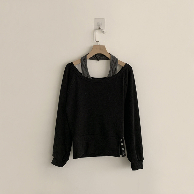 레이어드한듯 레이 봄 긴팔 와플 사선 밑단 언발 버튼 홀터넥 나시 맨투맨 레이어드 세트 오버핏 세미 크롭 긴팔 티셔츠 단추 긴팔티 3color