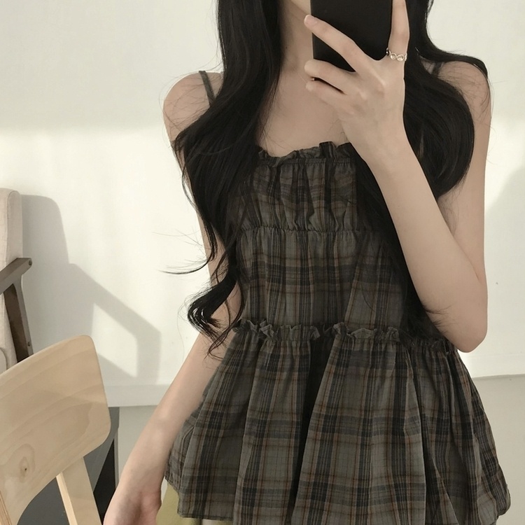 チェックティアードフリルキャミソール DARK BLUE