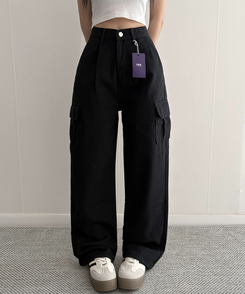 【丈別】カーゴストレートコットンパンツ BLACK