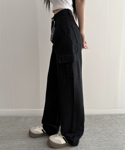 【丈別】カーゴストレートコットンパンツ BLACK